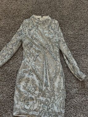 Silver Sequin Embellished Long-Sleeve Prom Dress